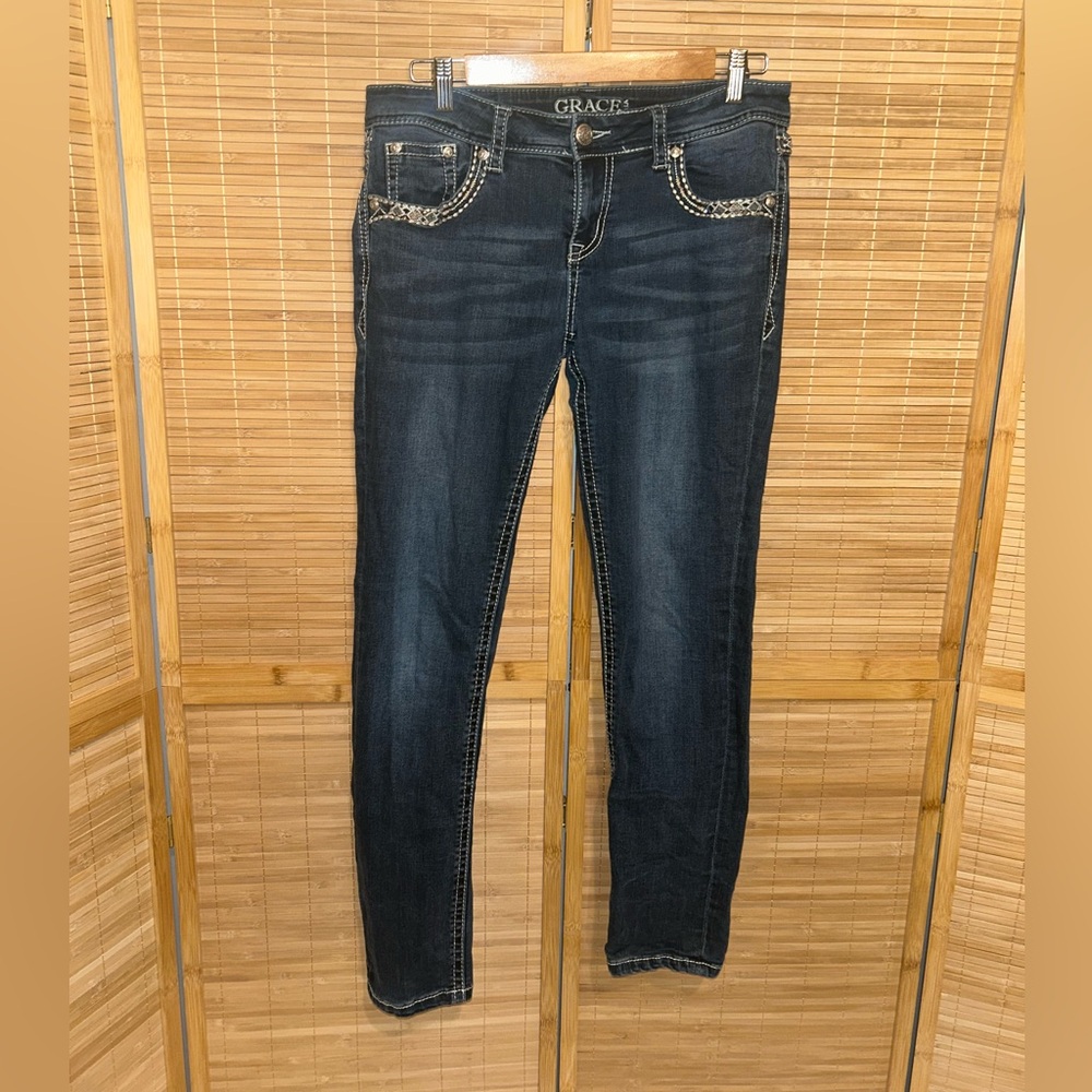 Grace in LA dark blue skinny jeans embellished pockets woman’s size 29 low rise